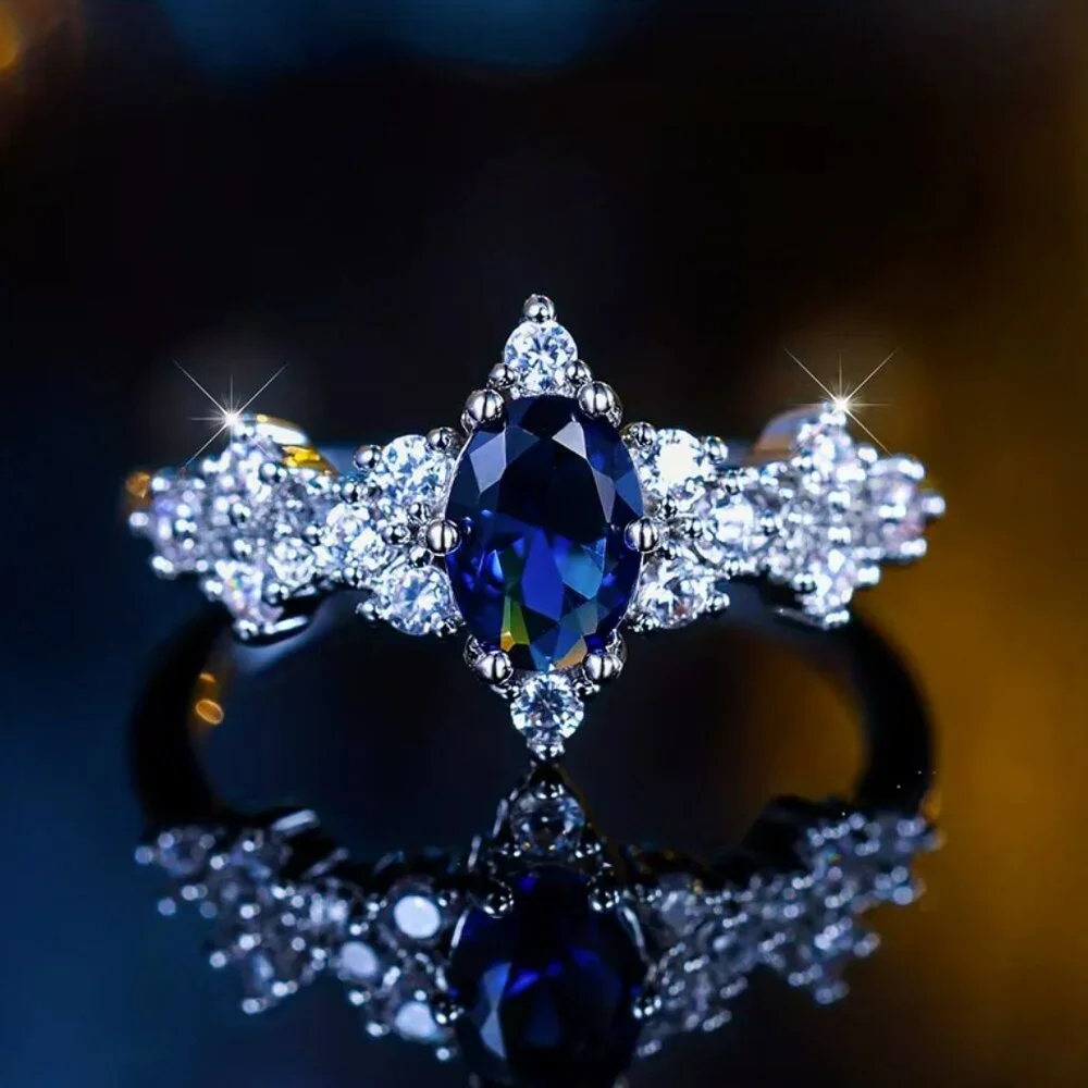 NEW 14K White Gold Blue Sapphire Marquise Cut Diamond Ring - Picture 6 of 6